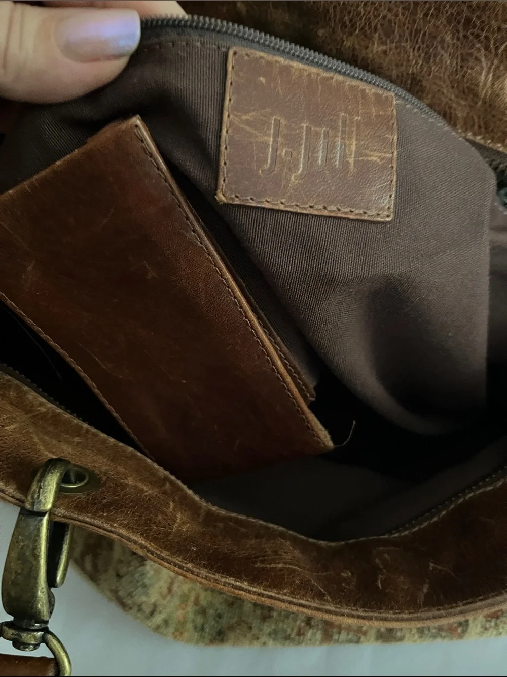 J. Jill Tapestry Genuine Leather Double Handle Tote Bag Bohemian Book Carpet Bag